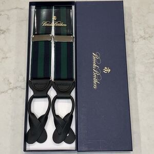 BROOKS BROTHERS NEW Striped Navy Green Nylon Leather Suspenders Silver Tone